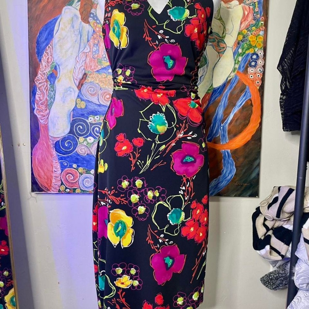 90s David Meister colorful floral halter neck asymmetrical hem dress size 6 - Picture 2 of 8